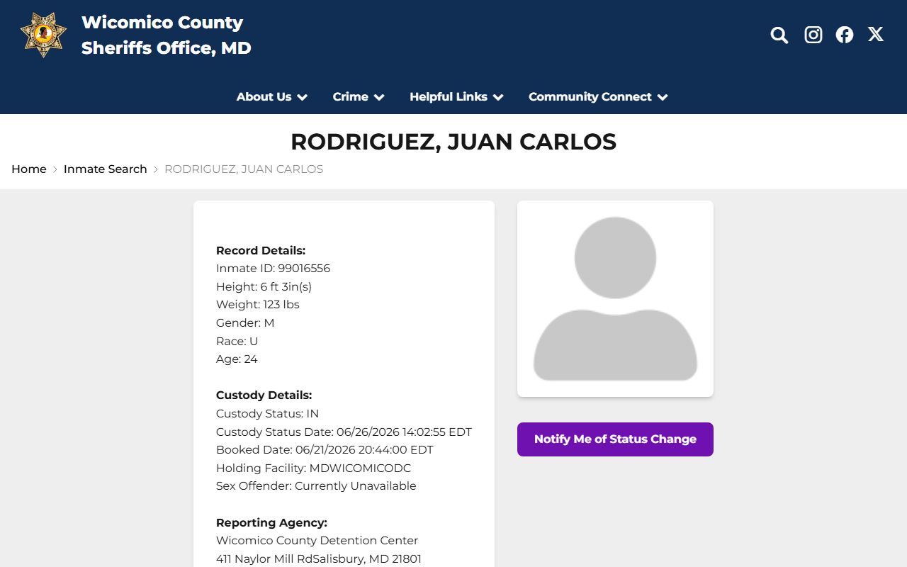 Wicomico County arrest records sample inmate profile charge fields