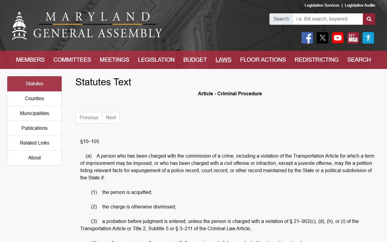 Wicomico County criminal court records Criminal Procedure section 10-105 source