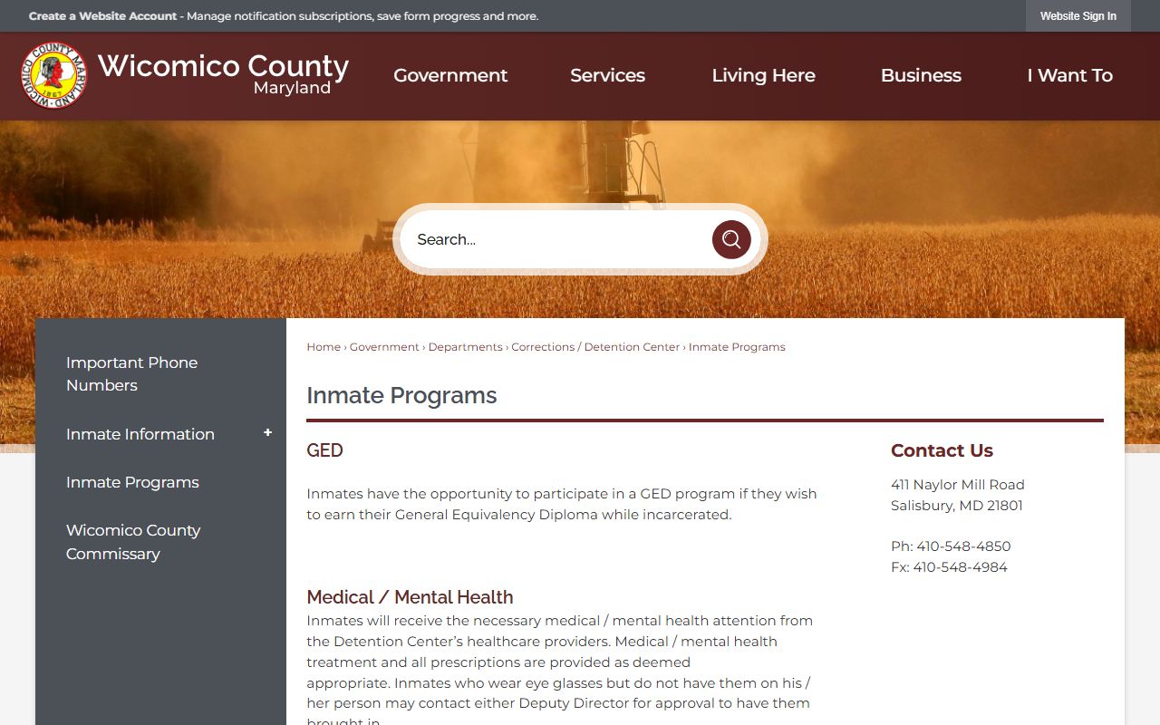 Wicomico County inmate records detention center programs
