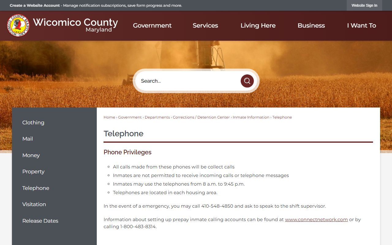 Wicomico County inmate records detention center telephone rules