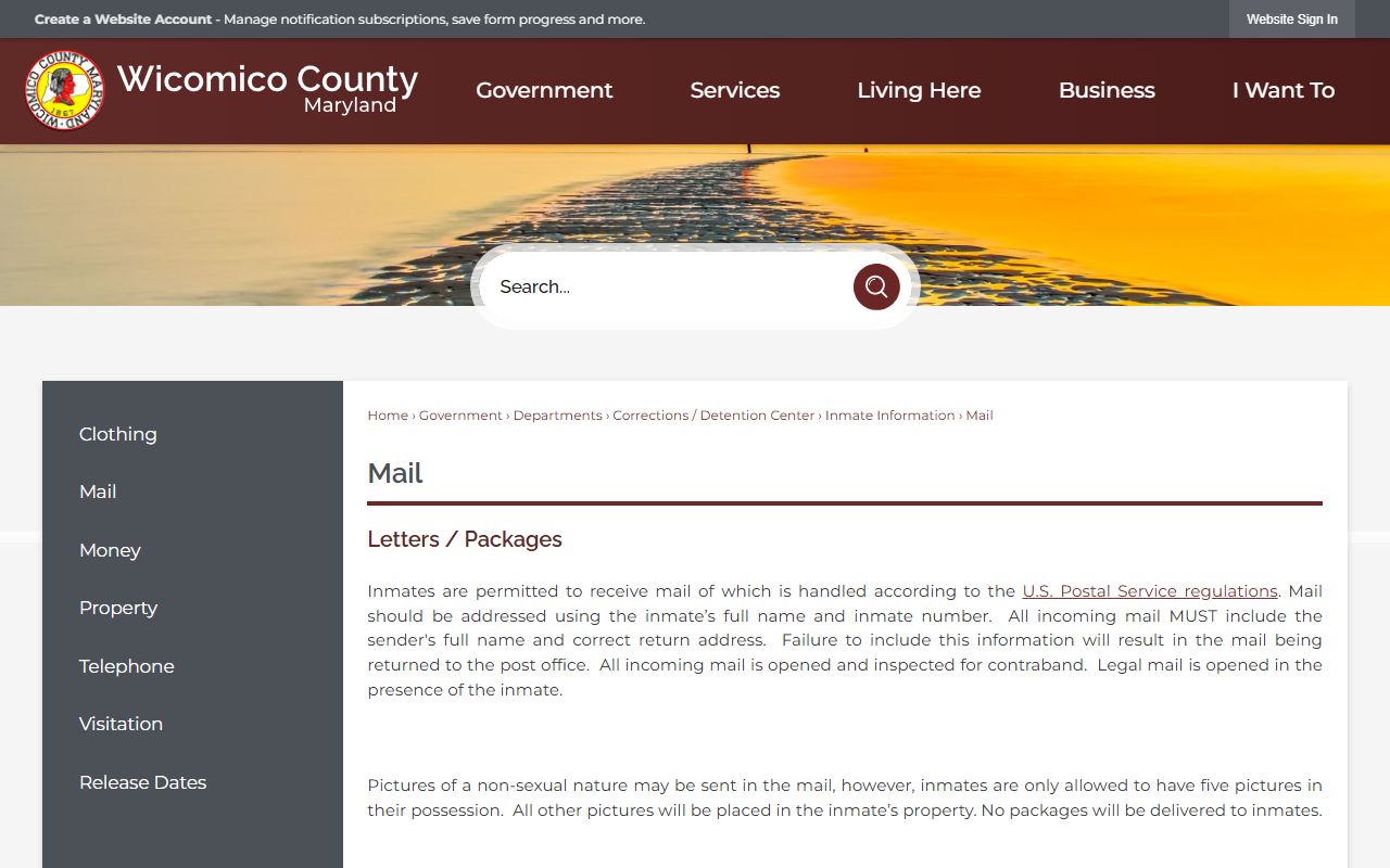Wicomico County inmate records detention center mail rules