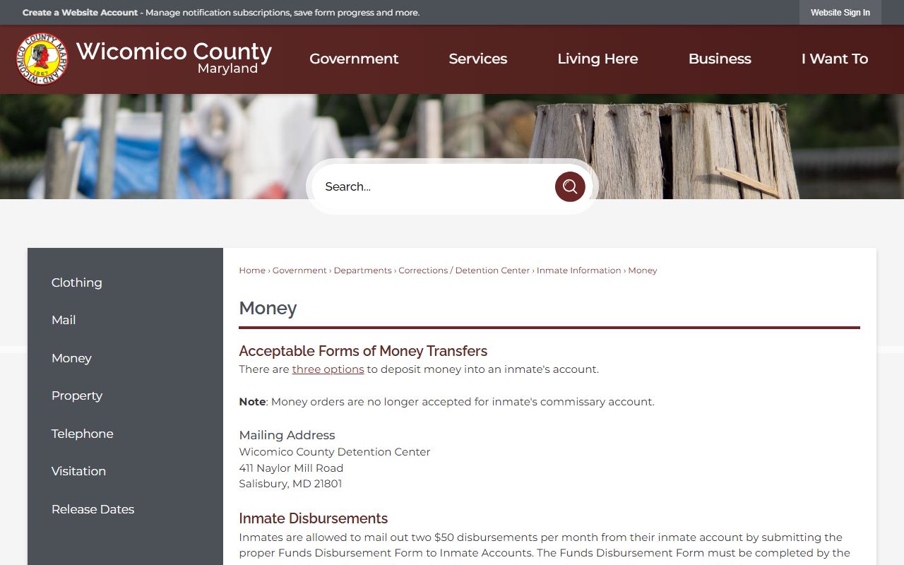 Wicomico County inmate records detention center money rules