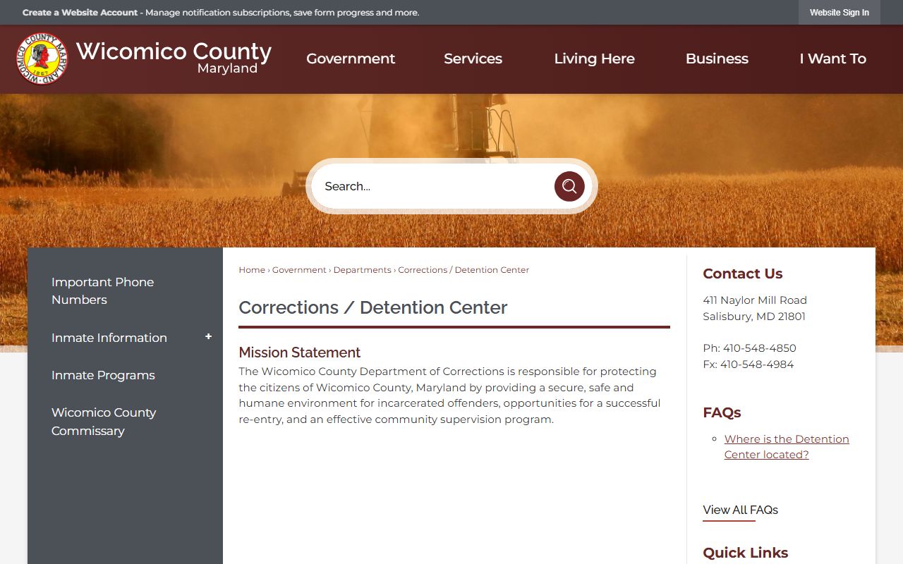Wicomico County inmate records corrections detention center