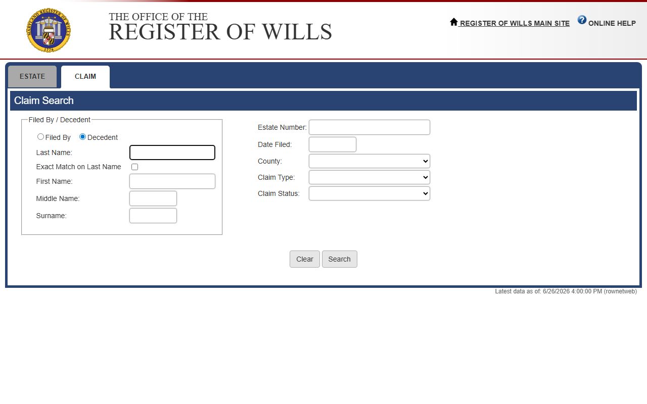 Wicomico County probate records Register of Wills Claim Search portal