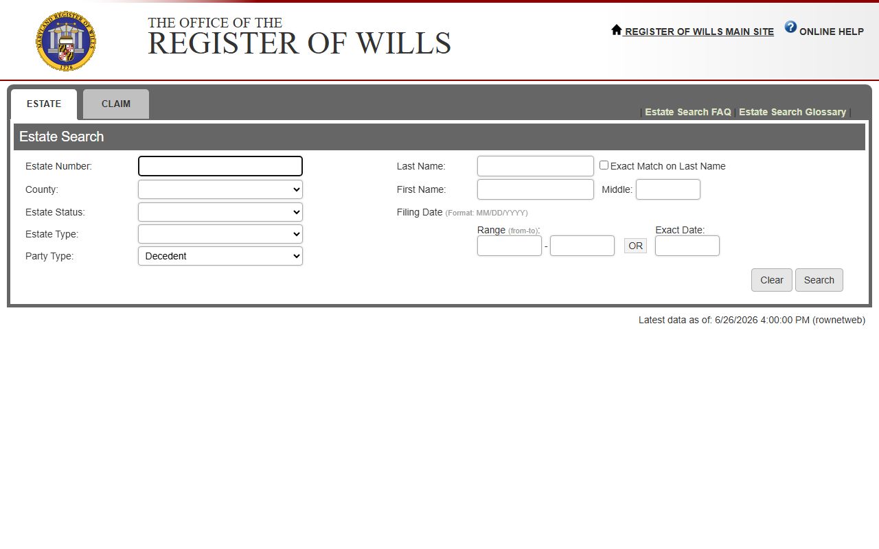 Wicomico County probate records Register of Wills Estate Search portal