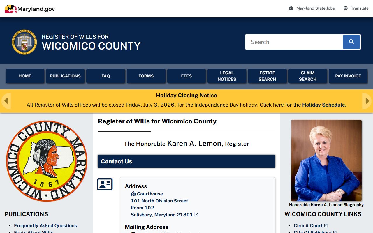 Wicomico County probate records Register of Wills office page