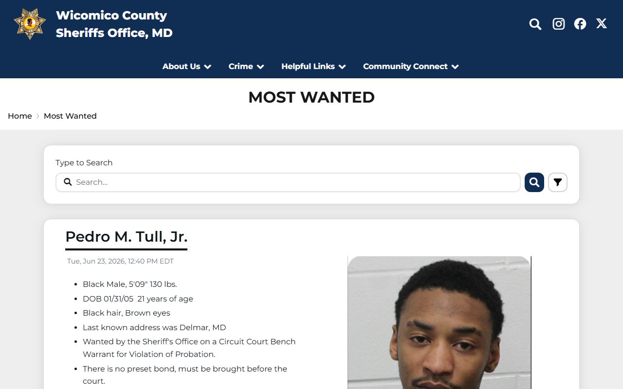 Wicomico County warrant records sheriff Most Wanted listing
