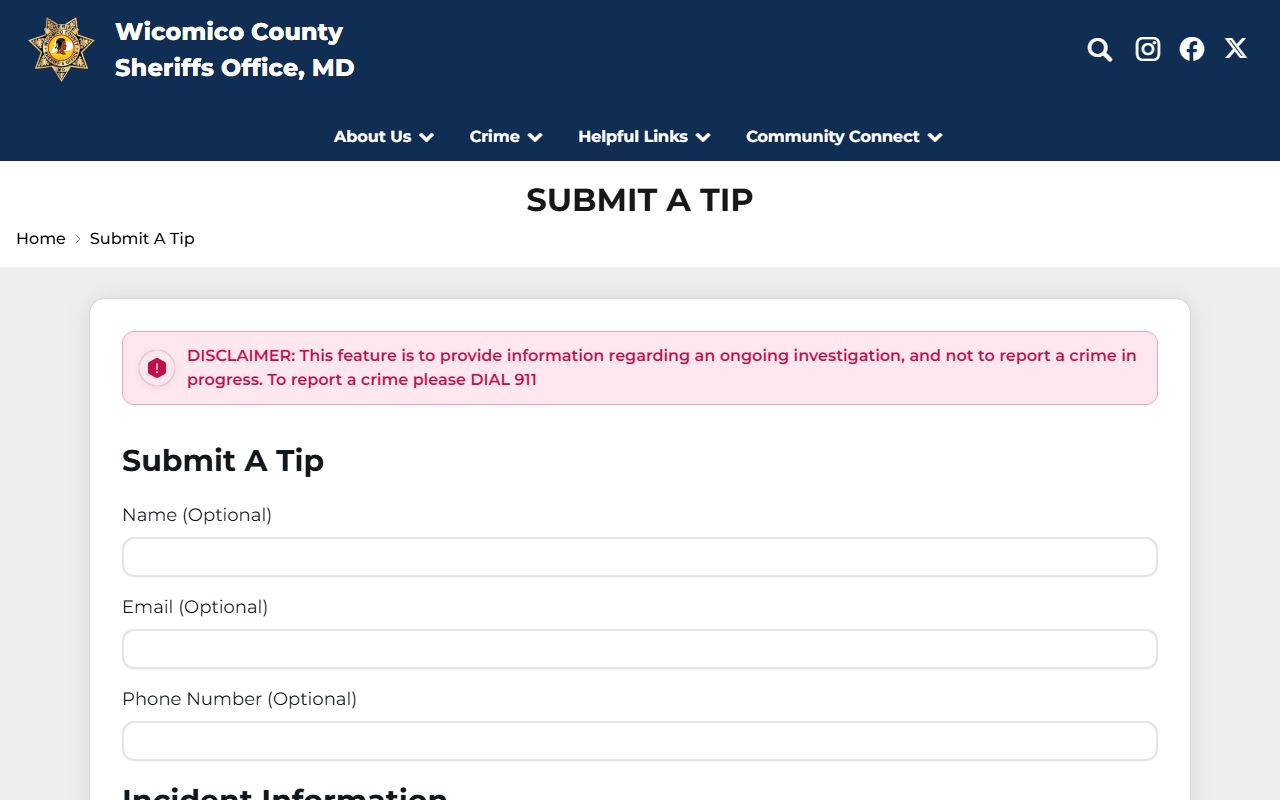 Wicomico County warrant records sheriff Submit A Tip feature