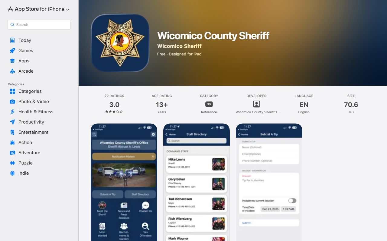 Wicomico County warrant records sheriff iPhone app listing